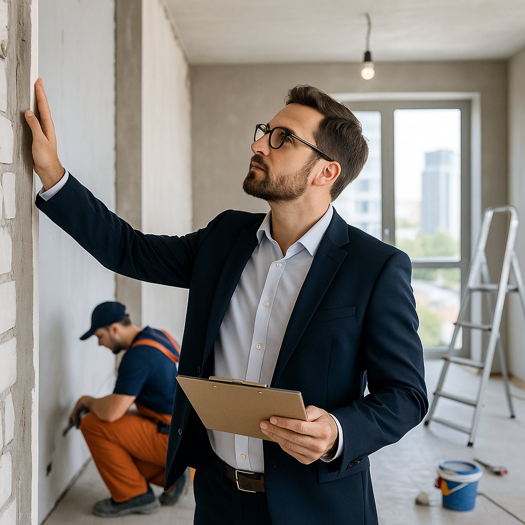Контроль ремонта: менеджер осматривает квартиру после ремонта