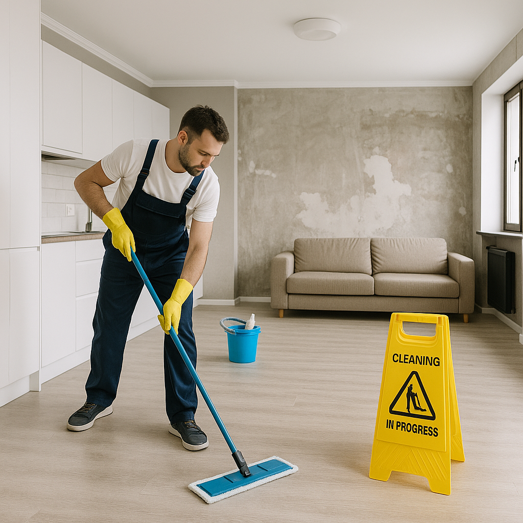 Уборка после ремонта: клинер убирает квартиру