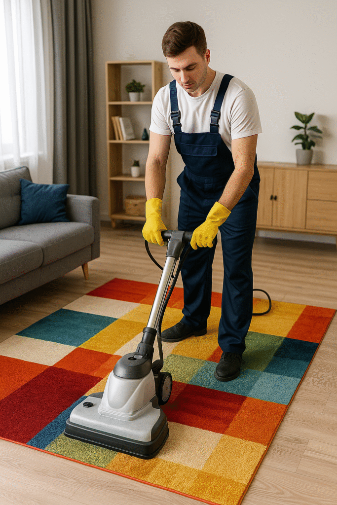 Химчистка ковров в квартире: клинер чистит ковер специальной машиной